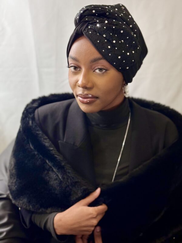 Turban Anita noir dentelle perlée