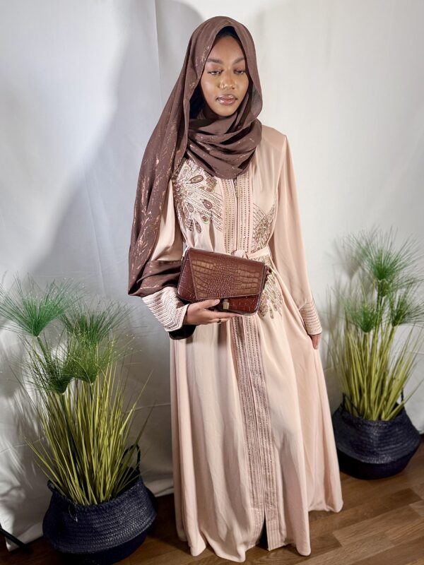 Abaya kimono Malika Beige marron perle de cristal