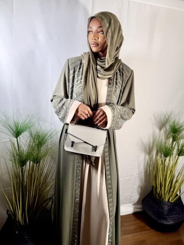 Abaya kimono Assia vert ciment perle de cristal