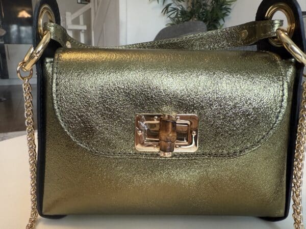 Sac métallisé vert olive véritable cuir – Image 3