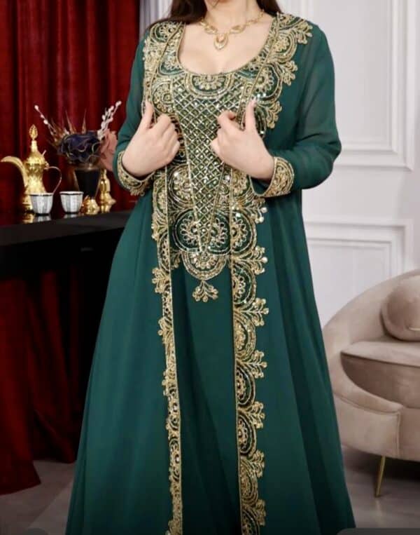 Abaya 2 pièces verte perlée Soukaïna – Image 2