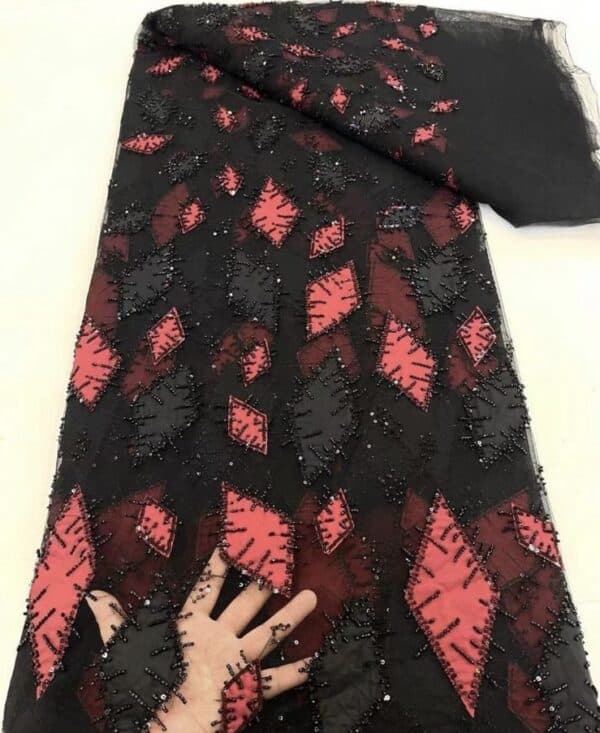 Tissus Boubou Perlage Noir rouge 5 yards